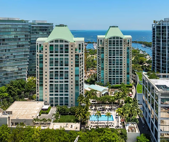 The Ritz-Carlton Coconut Grove high-rise towers above Biscayne Bay