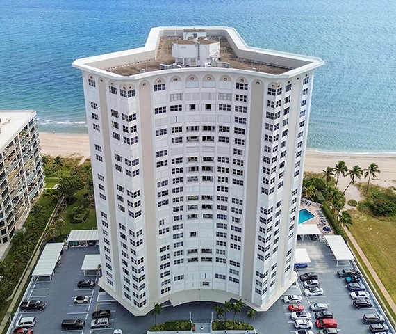 Aerial view of The Claridge of Pompano Beach beachfront condominium